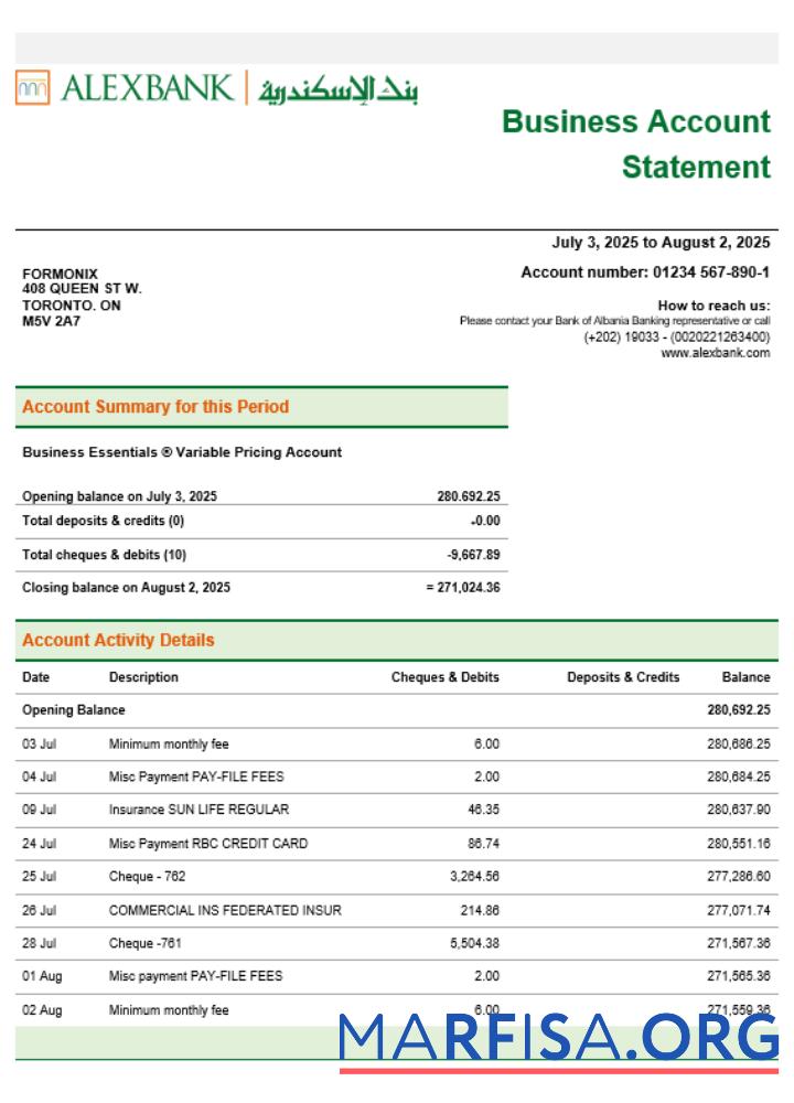Downloadable Alex bank company statement Word and PDF format template